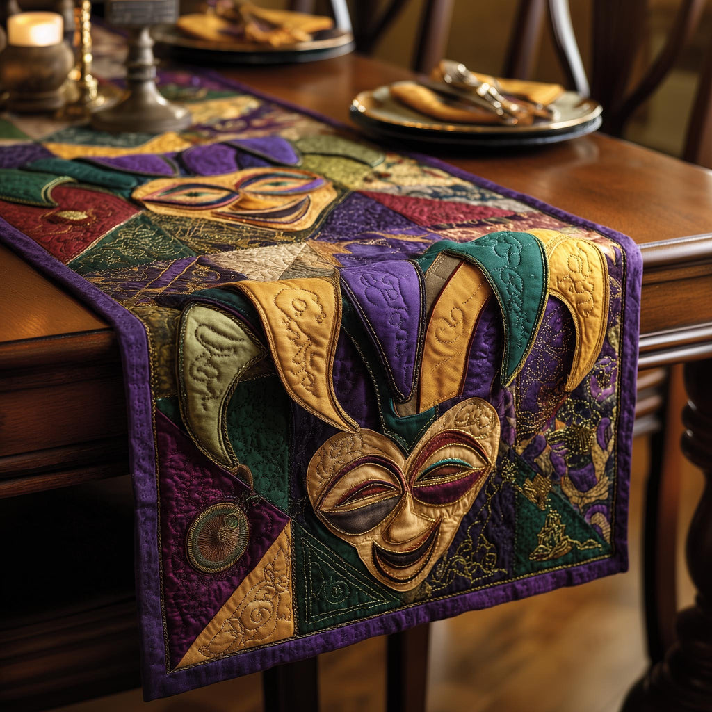 Jester Mask on Gold and Green Table Runner