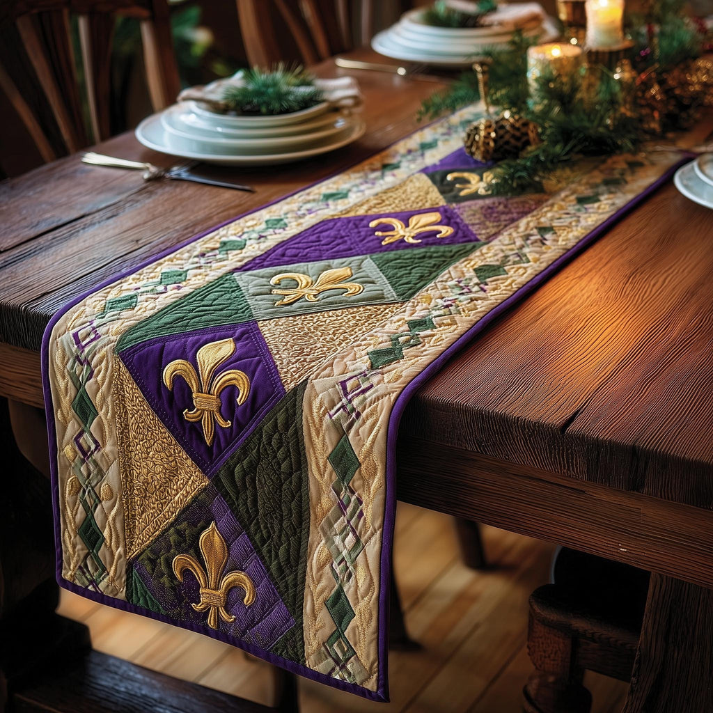 Fleur de Lis on Green Blocks Table Runner