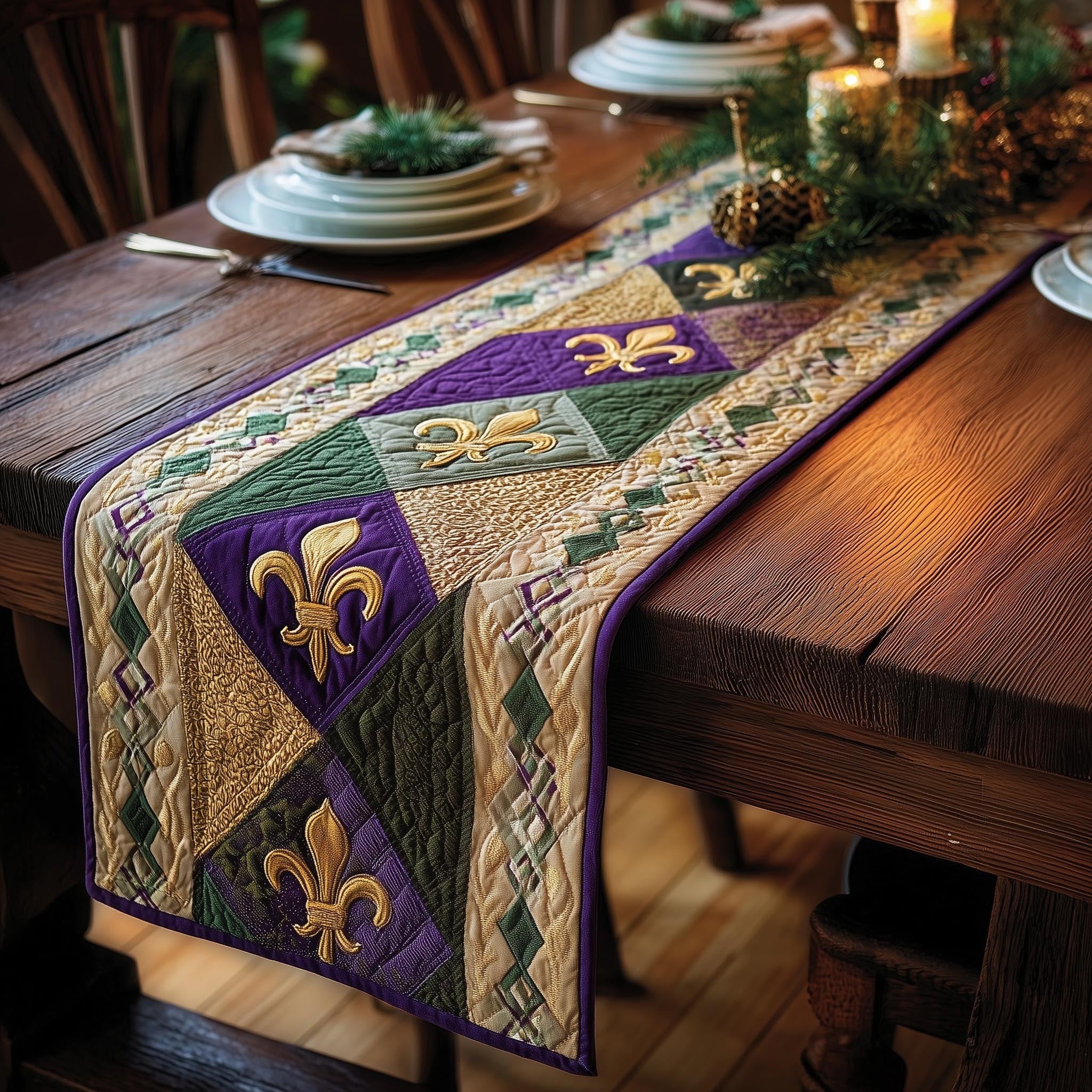 Fleur de Lis on Green Blocks Table Runner