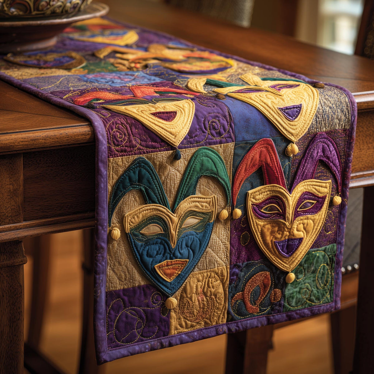 Jester Masks with Heart Shapes Table Runner