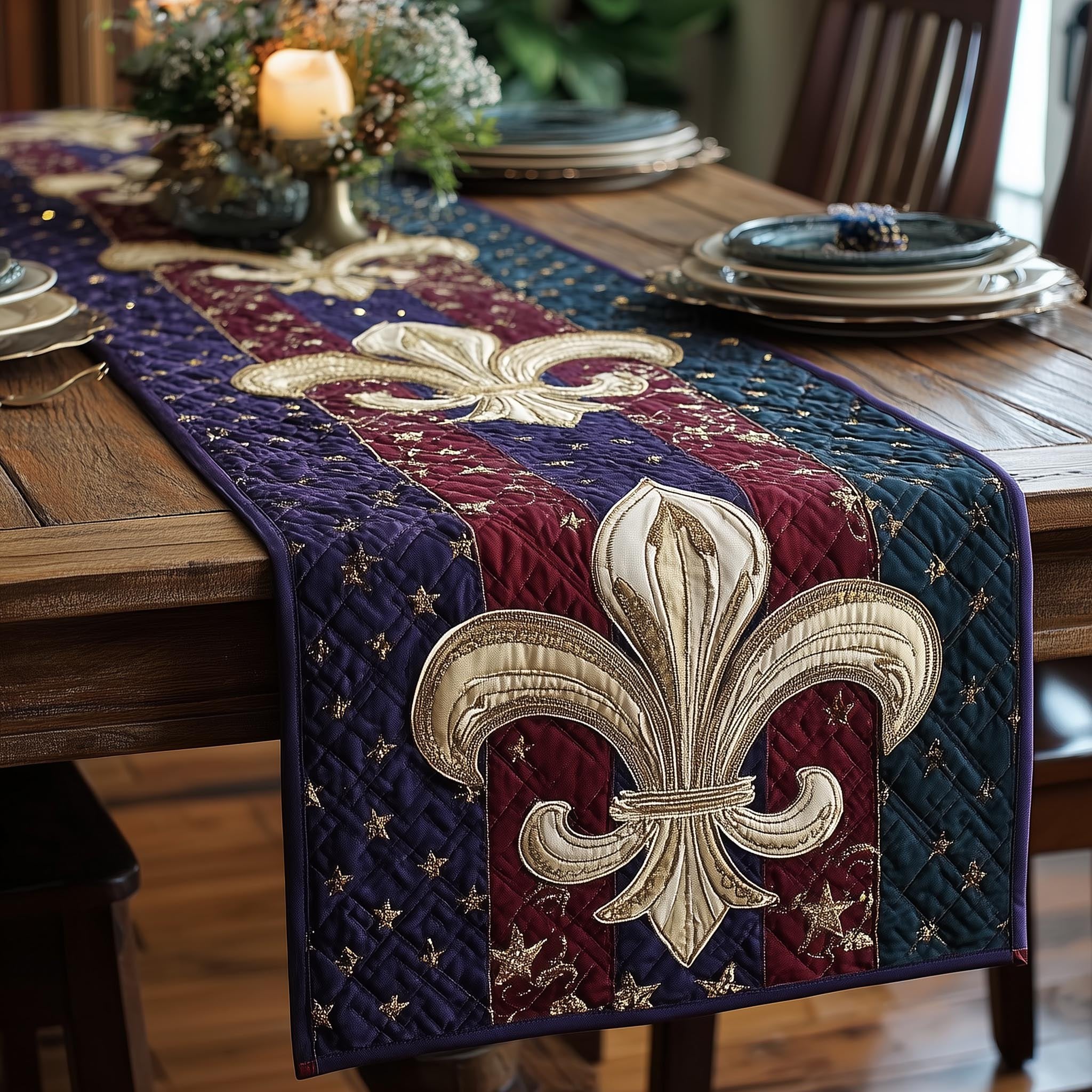 Fleur de Lis on Blue and Red Table Runner