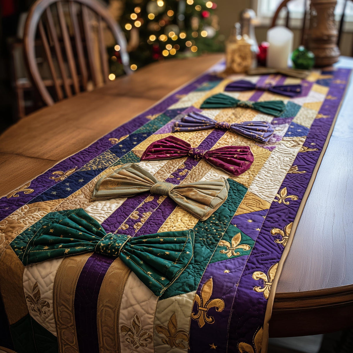 Bows on Purple and Green Blocks Table Runner