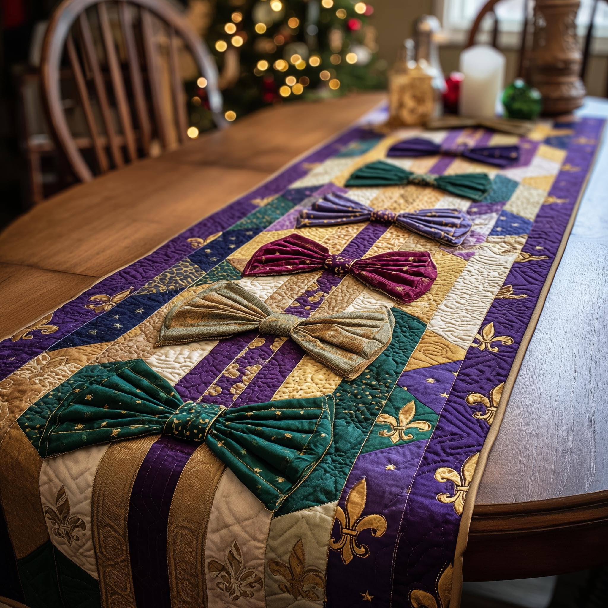 Bows on Purple and Green Blocks Table Runner
