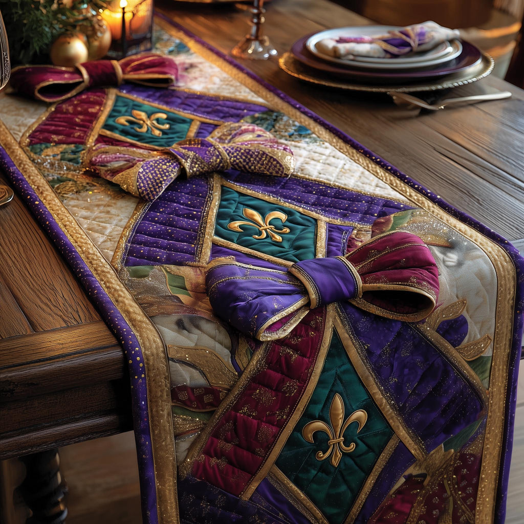 Purple Bow with Gold Fleur de Lis Table Runner