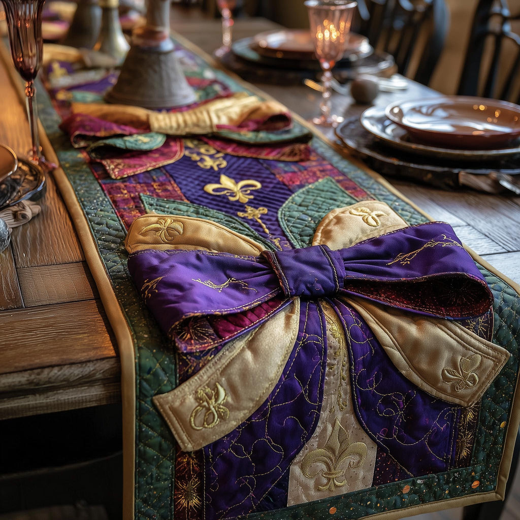 Purple Bow on Gold Blocks Table Runner