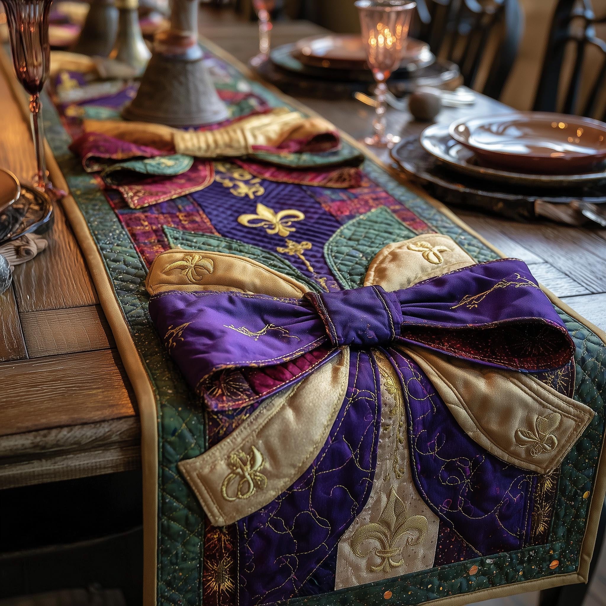 Purple Bow on Gold Blocks Table Runner