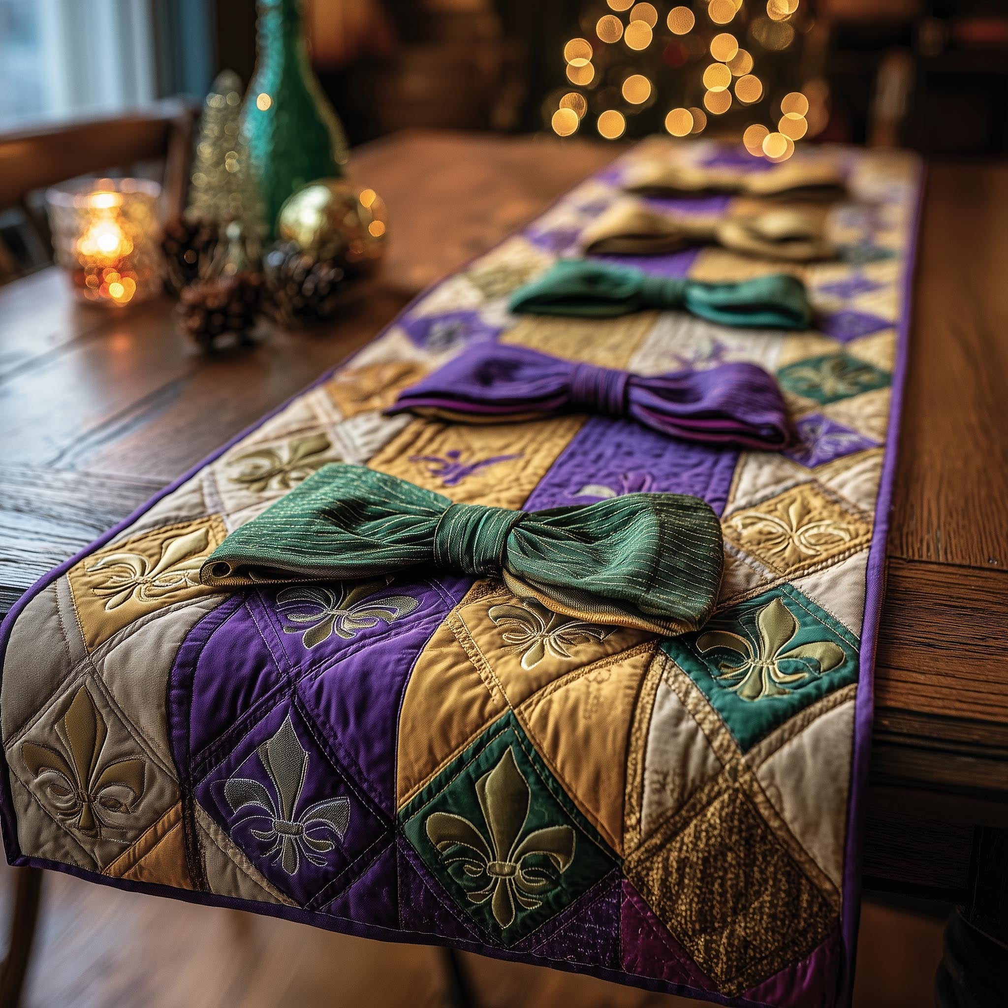 Green Bow on Purple Blocks Table Runner