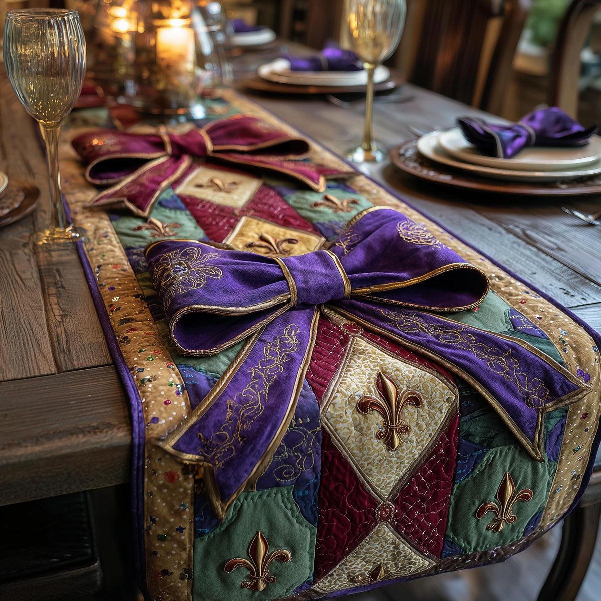 Purple Bow with Fleur de Lis Diamonds Table Runner