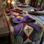 Purple Bow with Fleur de Lis Diamonds Table Runner