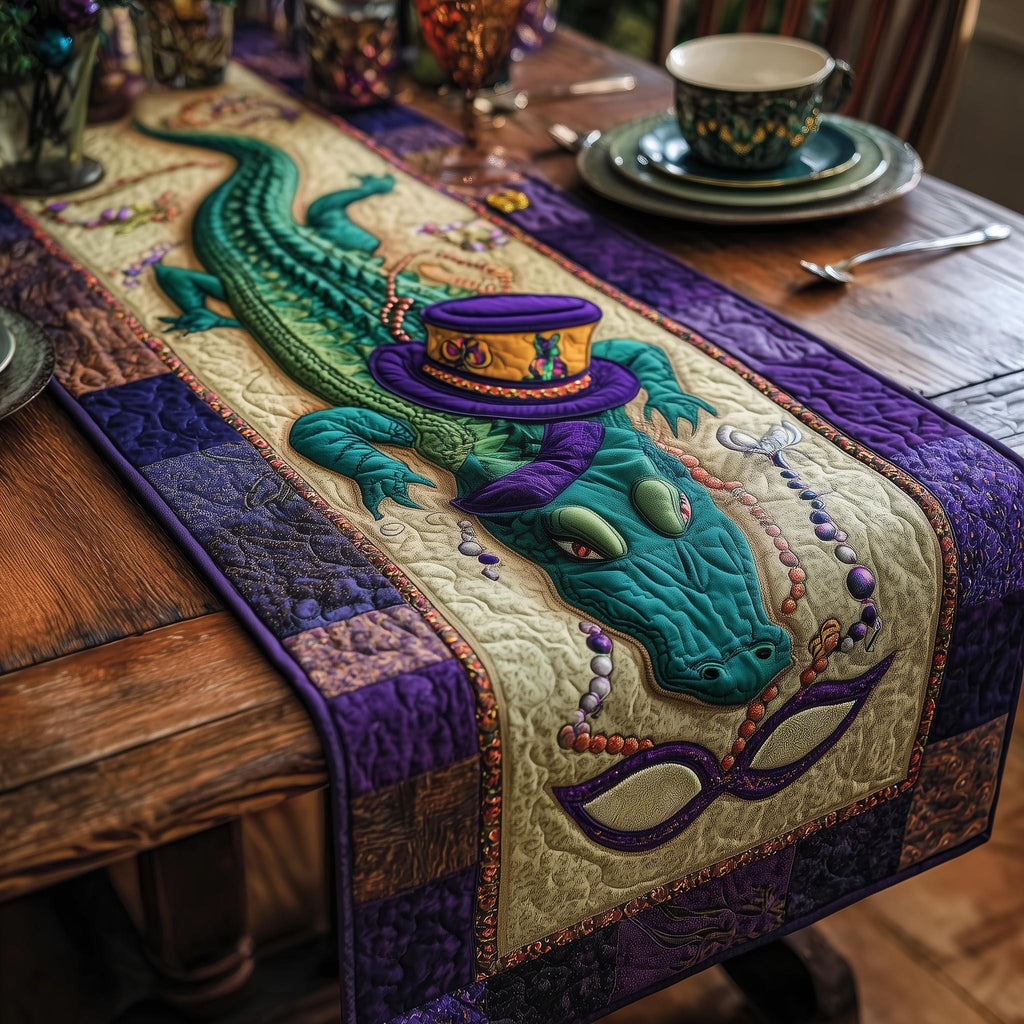 Alligator in a Top Hat and Mask Table Runner