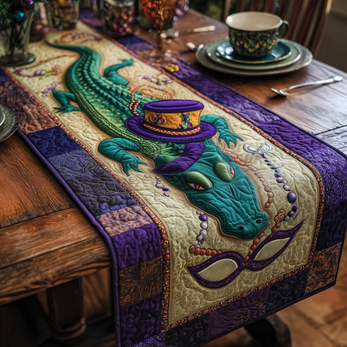 Alligator in a Top Hat and Mask Table Runner