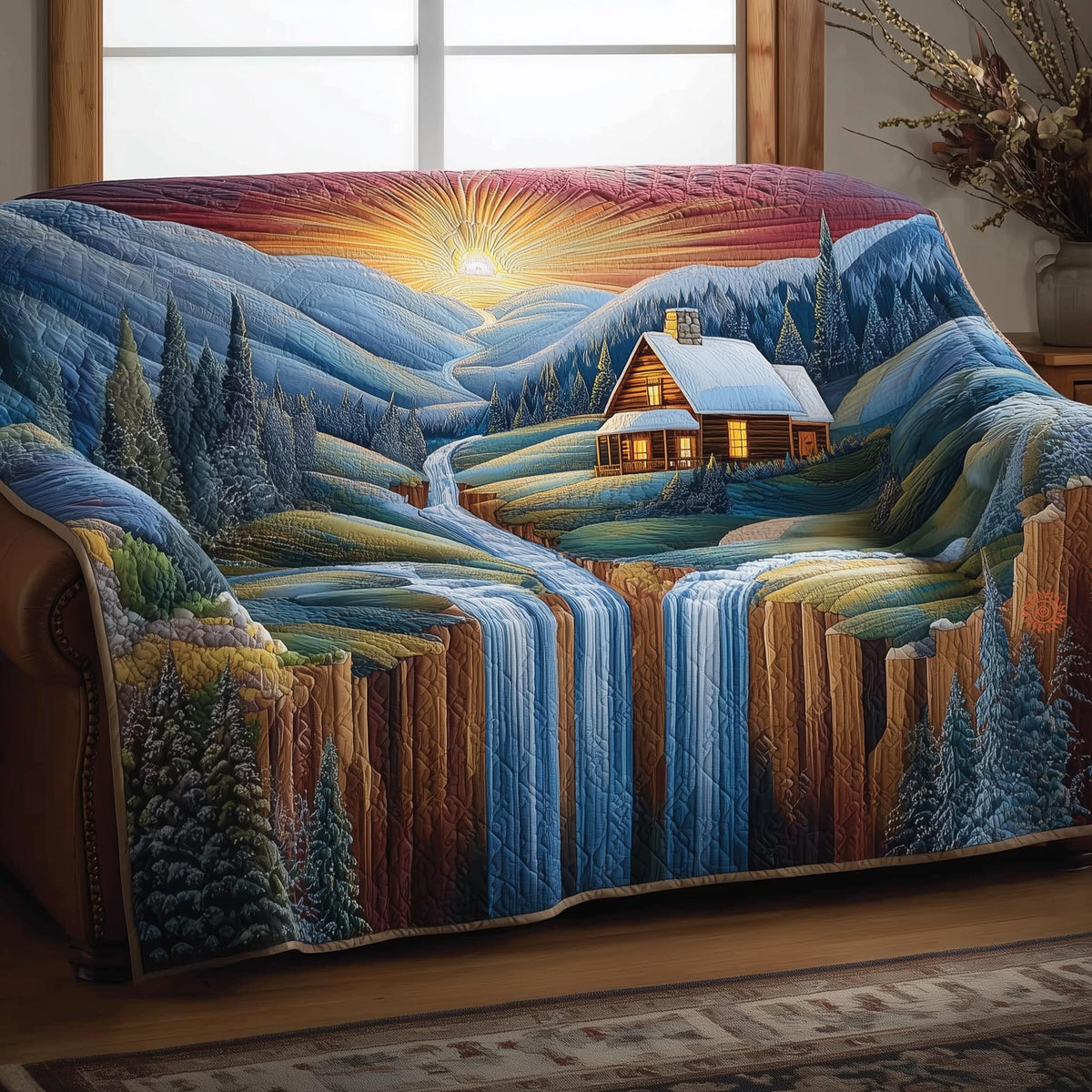Cabin Above the Blue Winter Waterfall Sofa Cover