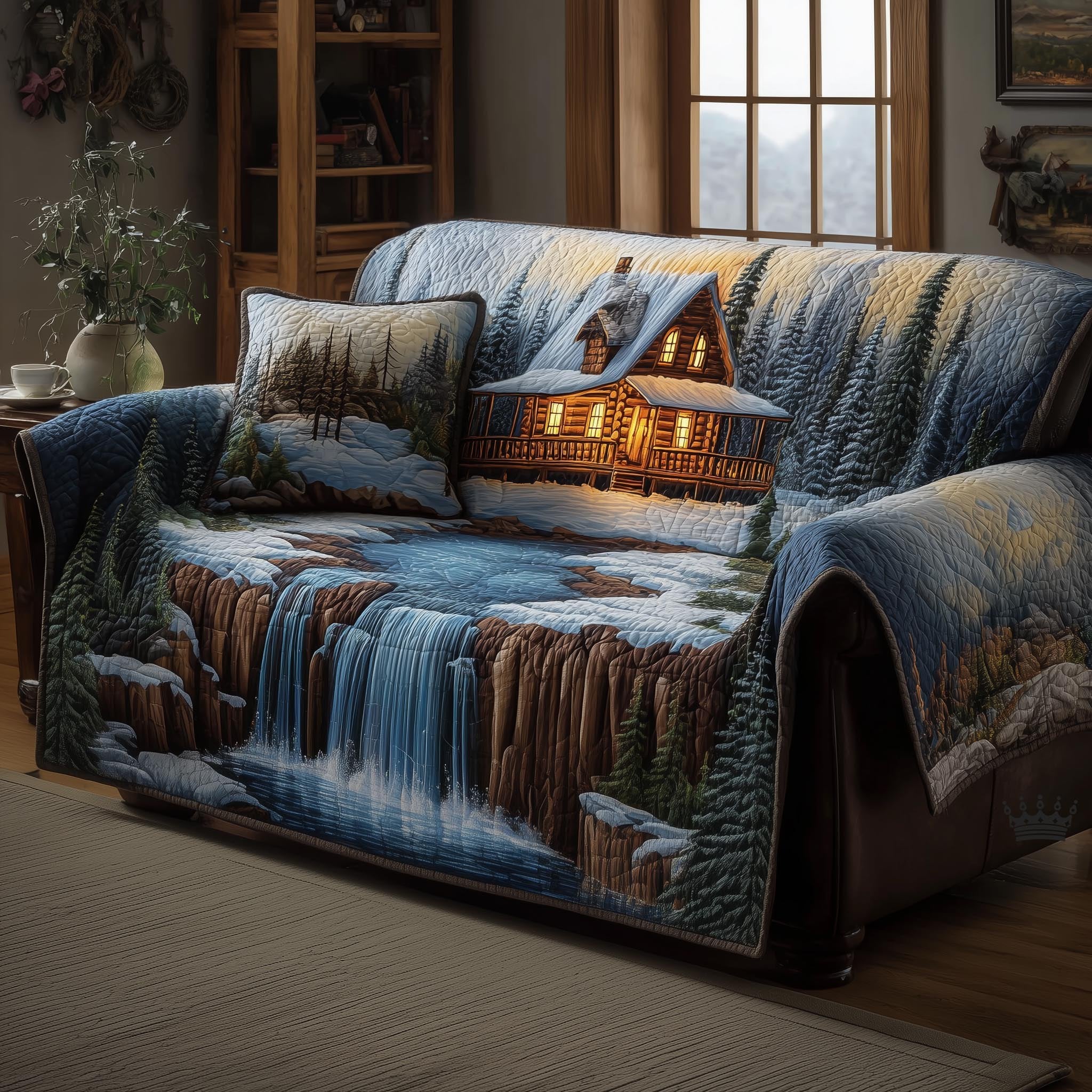 Snowy Cabin Beside the Wide Falls Sofa Cover