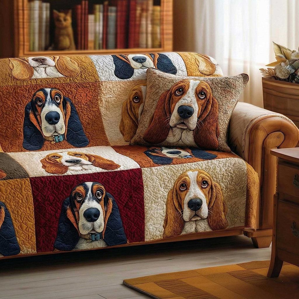 Basset Hounds on Red and Blue Blocks Sofa Cover