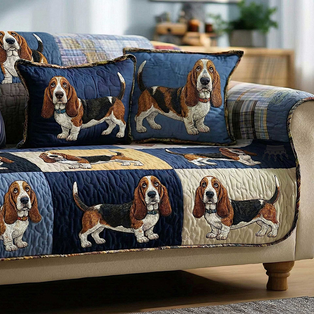 Basset Hounds on Navy and White Panels Sofa Cover