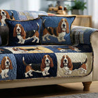 Basset Hounds on Navy and White Panels Sofa Cover