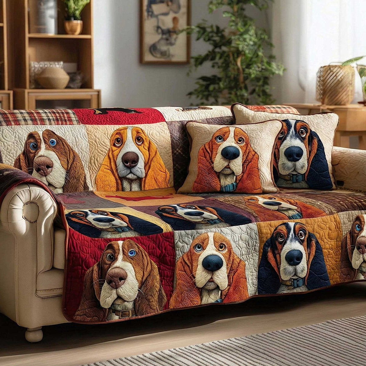 Basset Hound Faces in Teal and Rust Sofa Cover