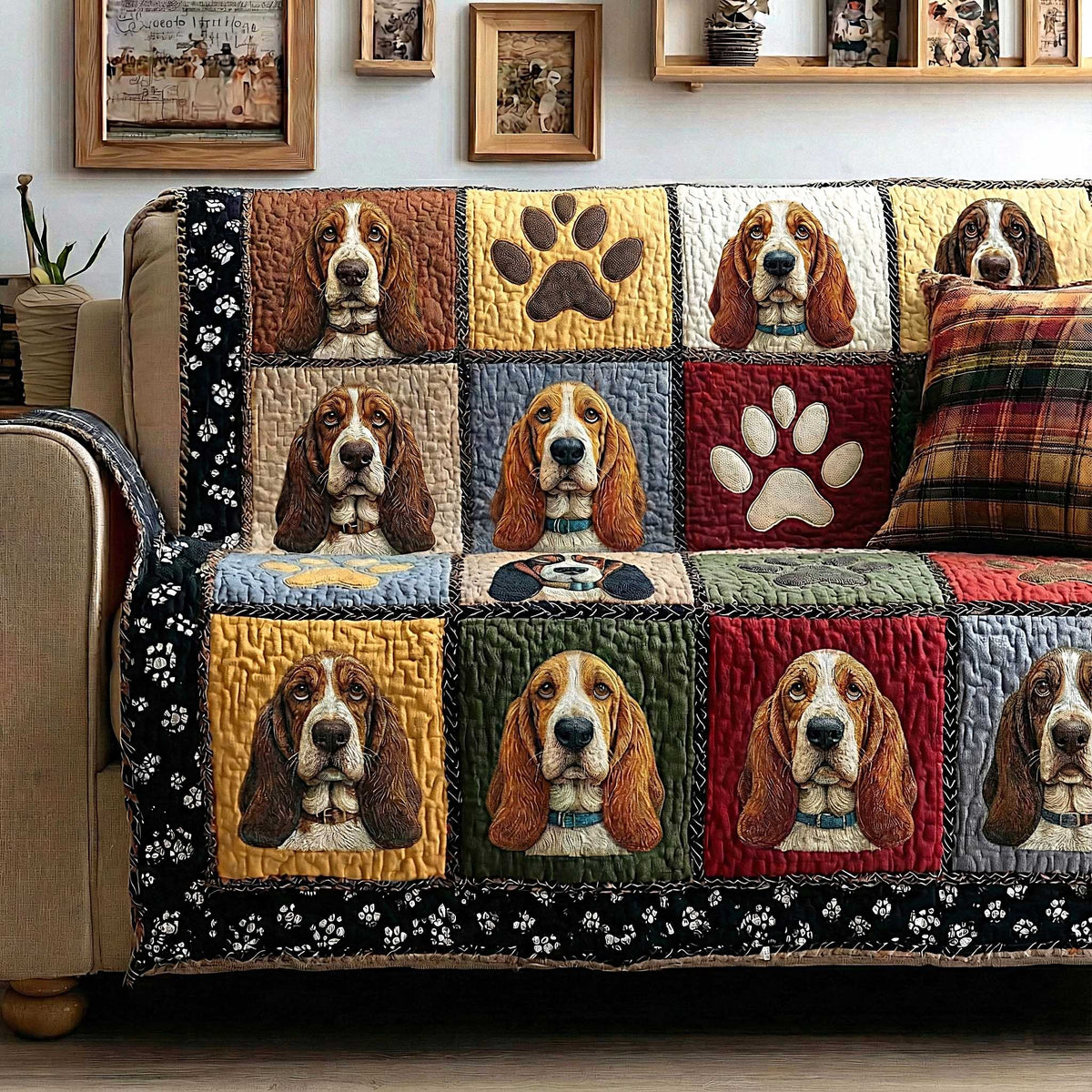 Basset Hounds and Paw Prints on Gold Checkerboard Sofa Cover