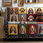 Basset Hounds and Paw Prints on Gold Checkerboard Sofa Cover