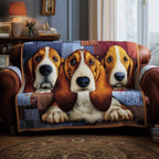 Three Basset Hounds on Denim Blue Sofa Cover