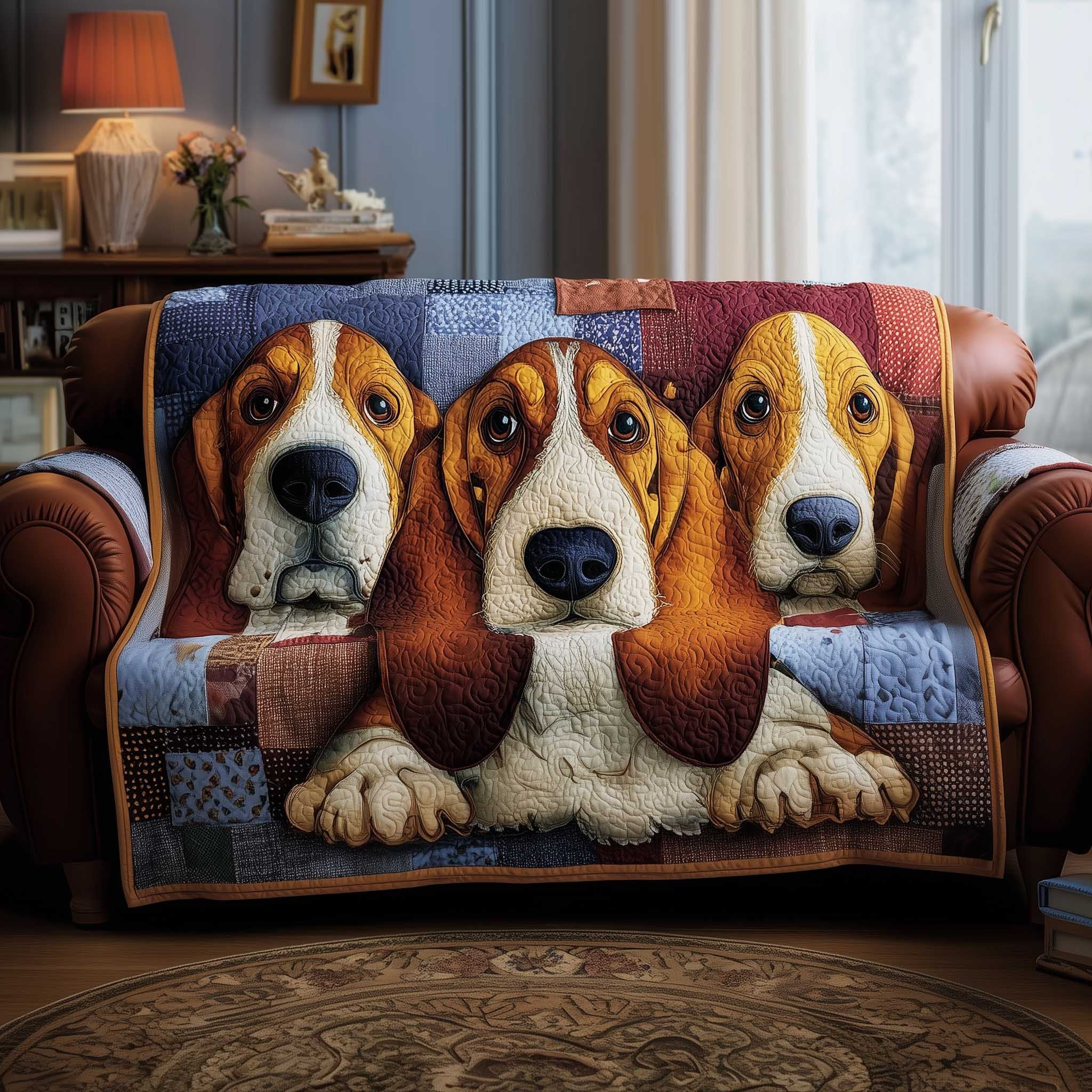 Three Basset Hounds on Denim Blue Sofa Cover