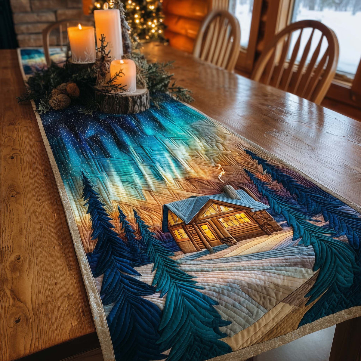 Cabin with Aurora Over Snow Table Runner