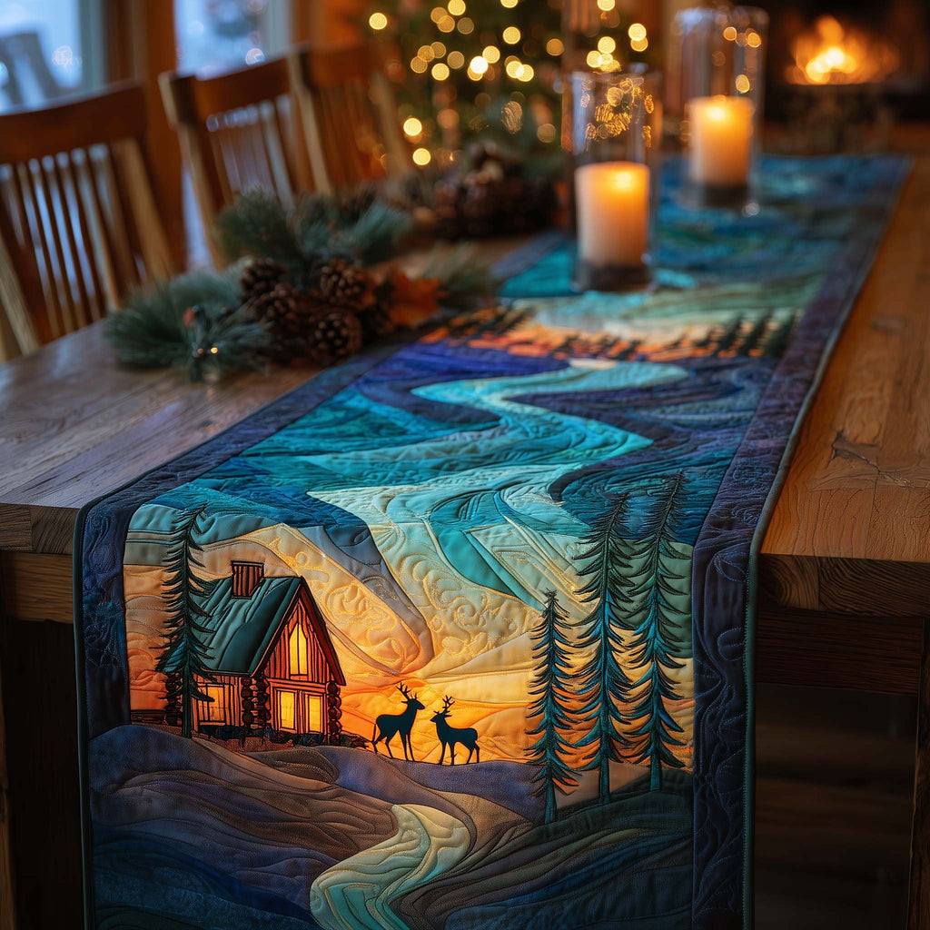 Cabin and Deer Under the Aurora Table Runner