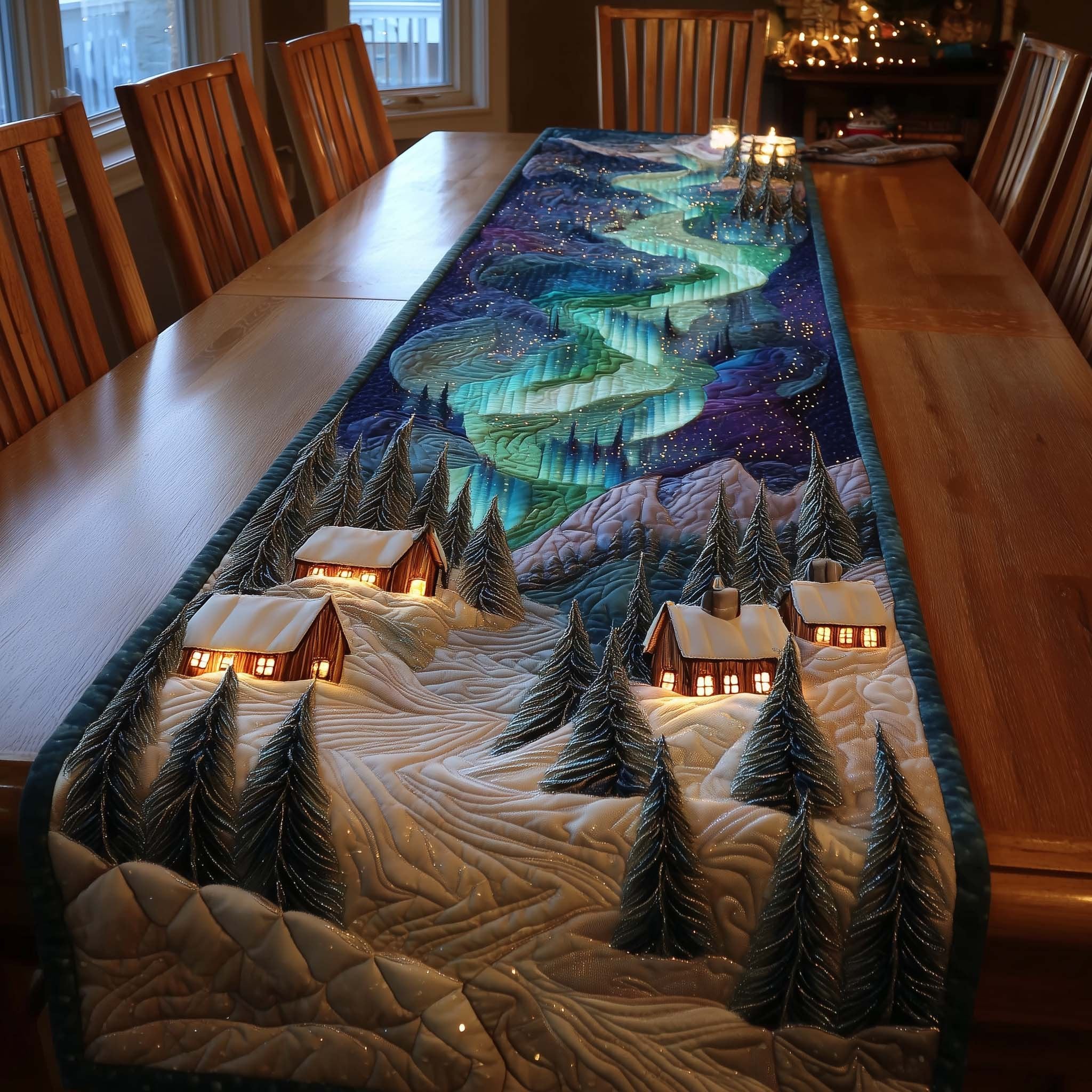 Village Beneath a Green Aurora Table Runner