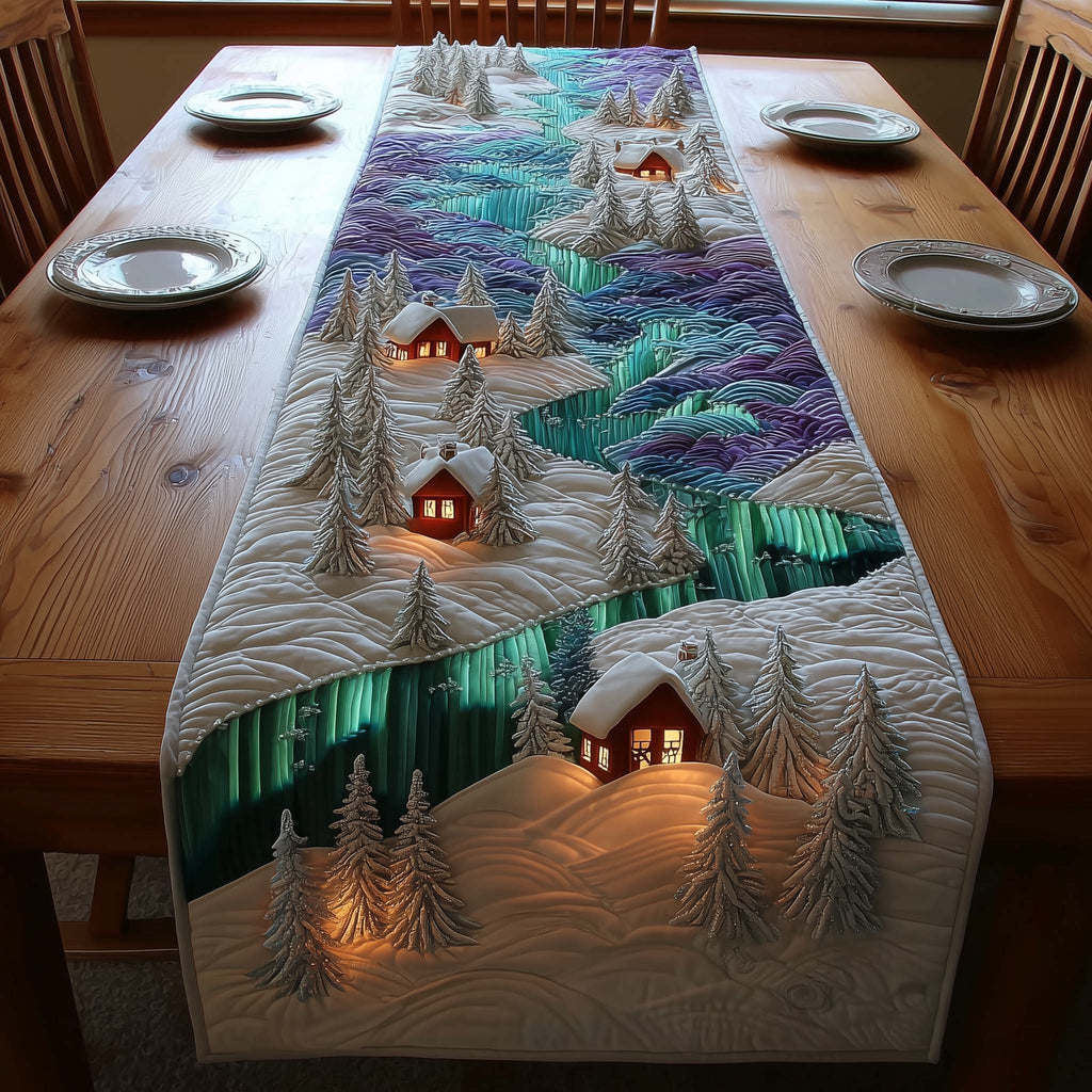 Snowy Cabins with Northern Lights Table Runner