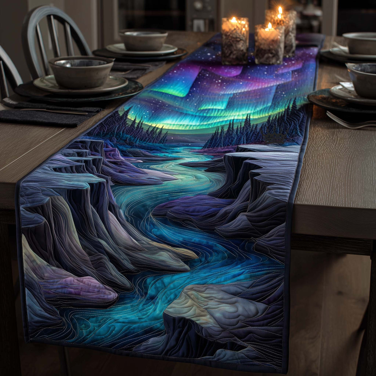 Aurora Over a Dark River Valley Table Runner