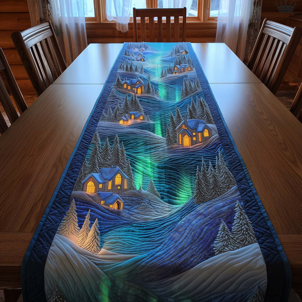 Hillside Village with Glowing Aurora Table Runner