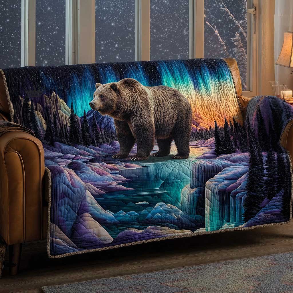 Grizzly Bear Under the Aurora Sky Sofa Cover