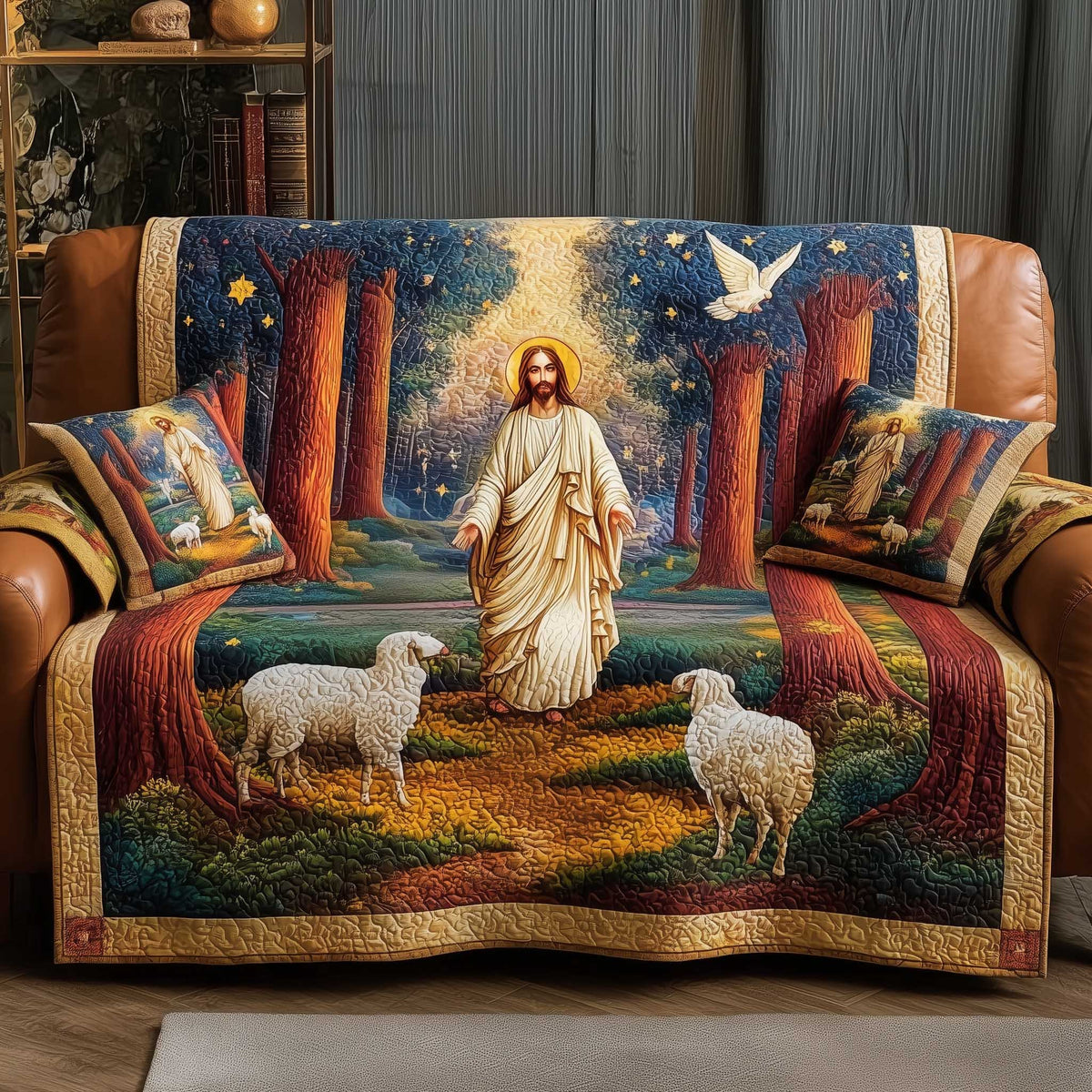 Shepherd Walking the Glowing Forest Path Sofa Cover