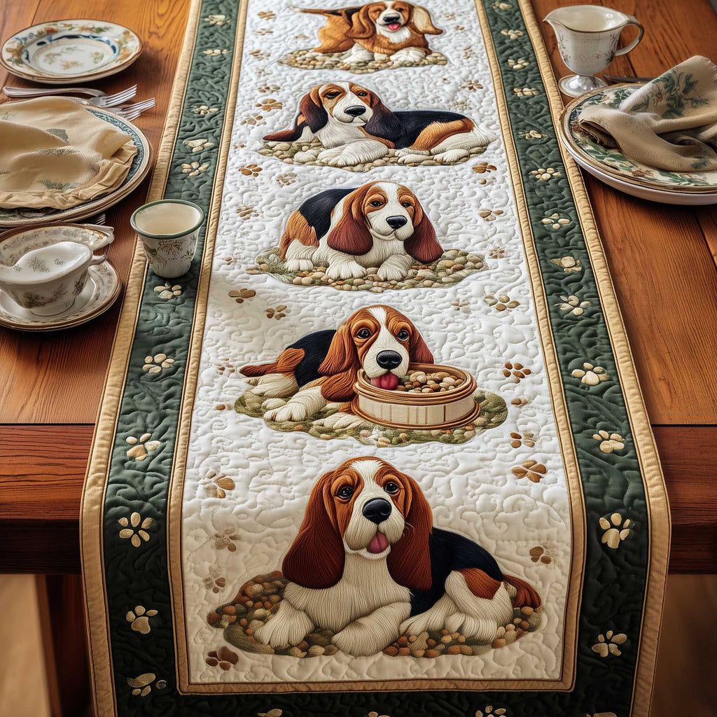 Basset Hounds with Food Bowls Table Runner