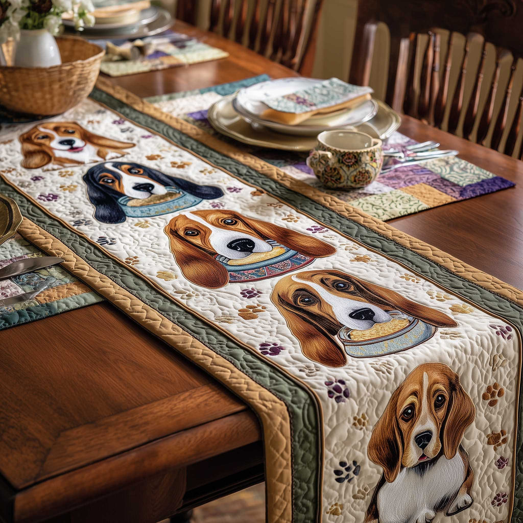 Basset Hounds on Cream with Paw Prints Table Runner