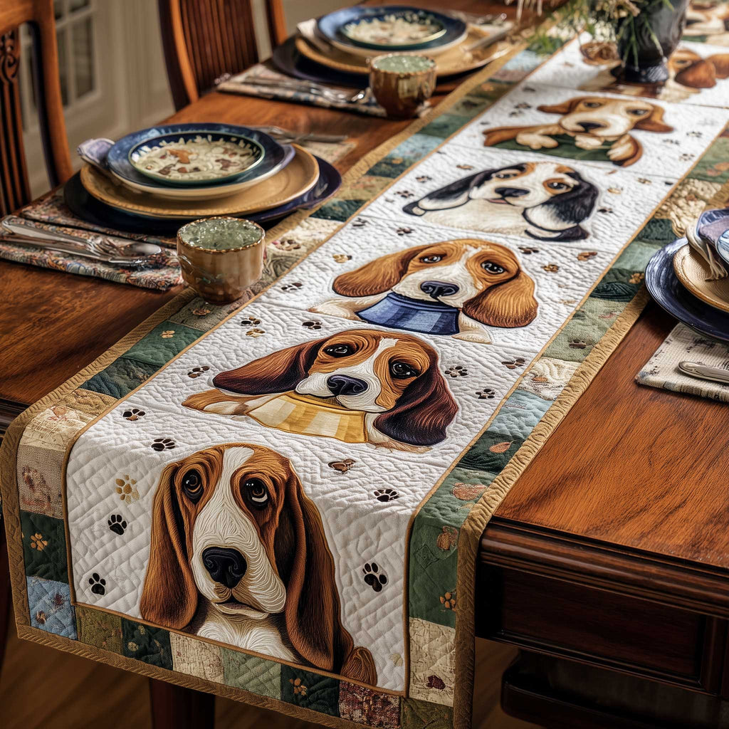 Basset Hound Faces on Cream Table Runner
