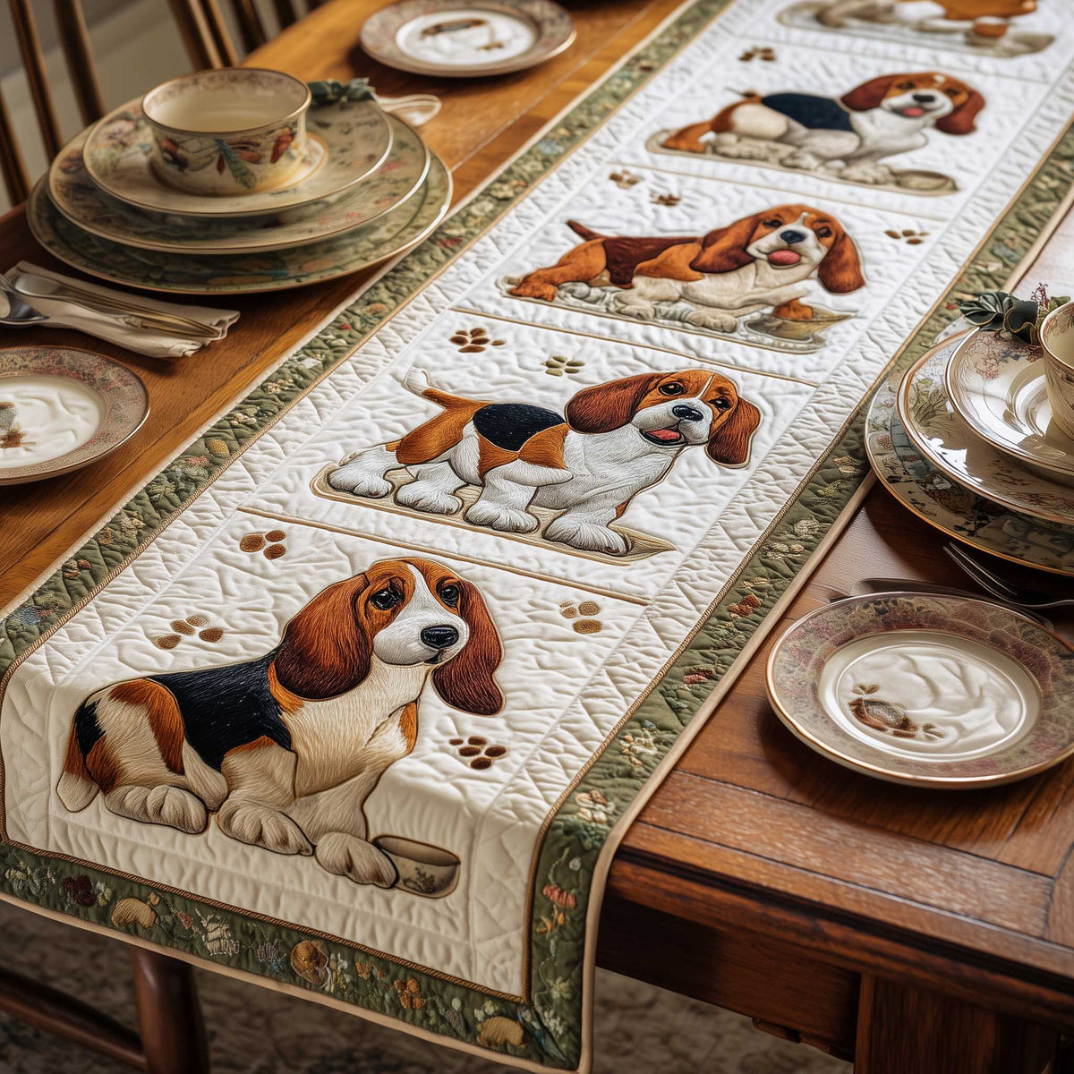 Beagles in Cream Blocks Table Runner