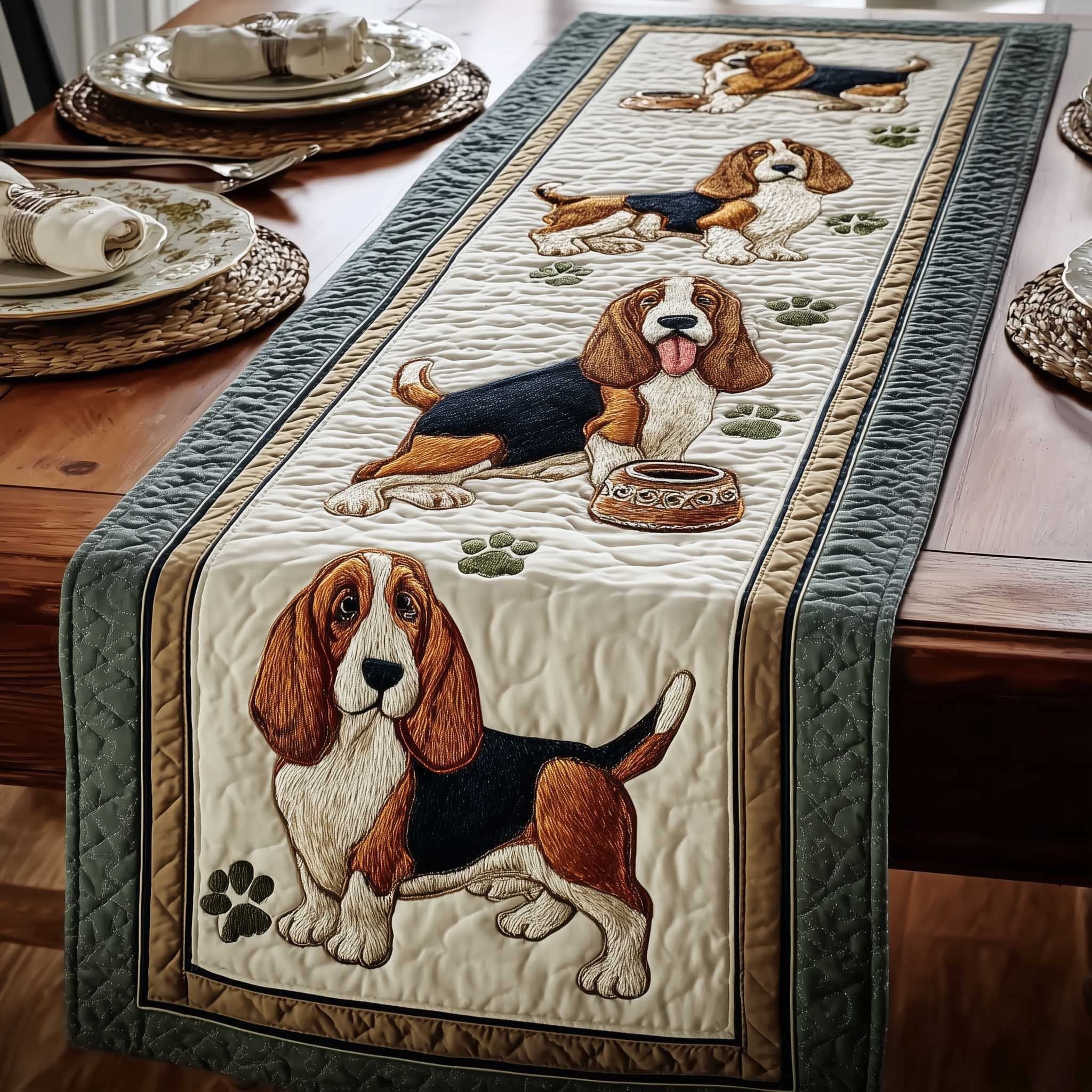 Basset Hound with Green Border Table Runner