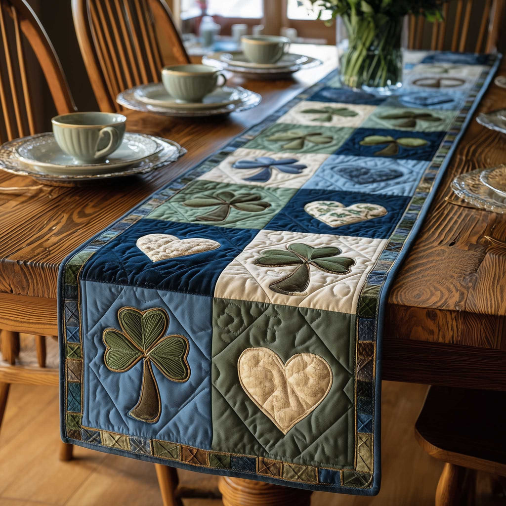 Shamrocks and Hearts in Blue Blocks Table Runner