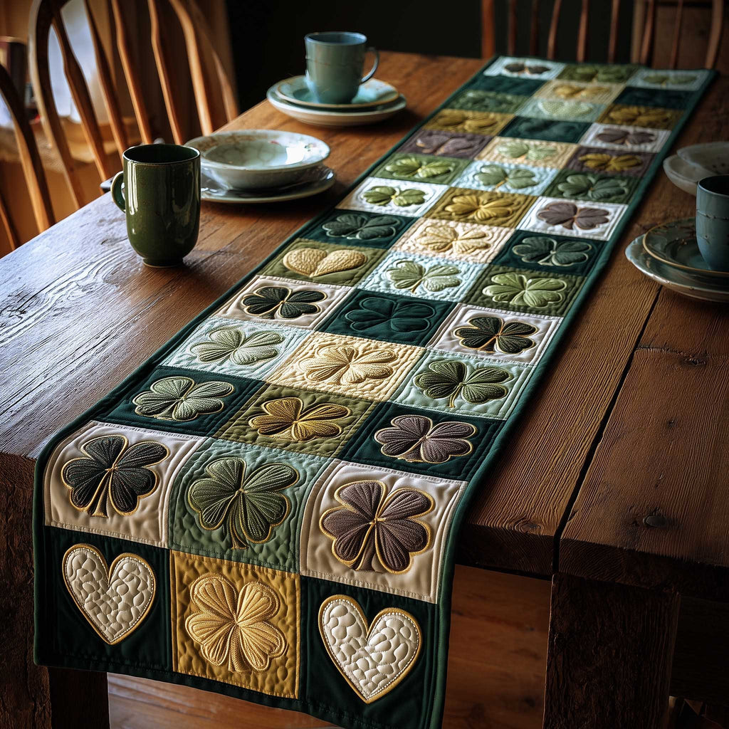 Shamrocks and Hearts in Green Blocks Table Runner
