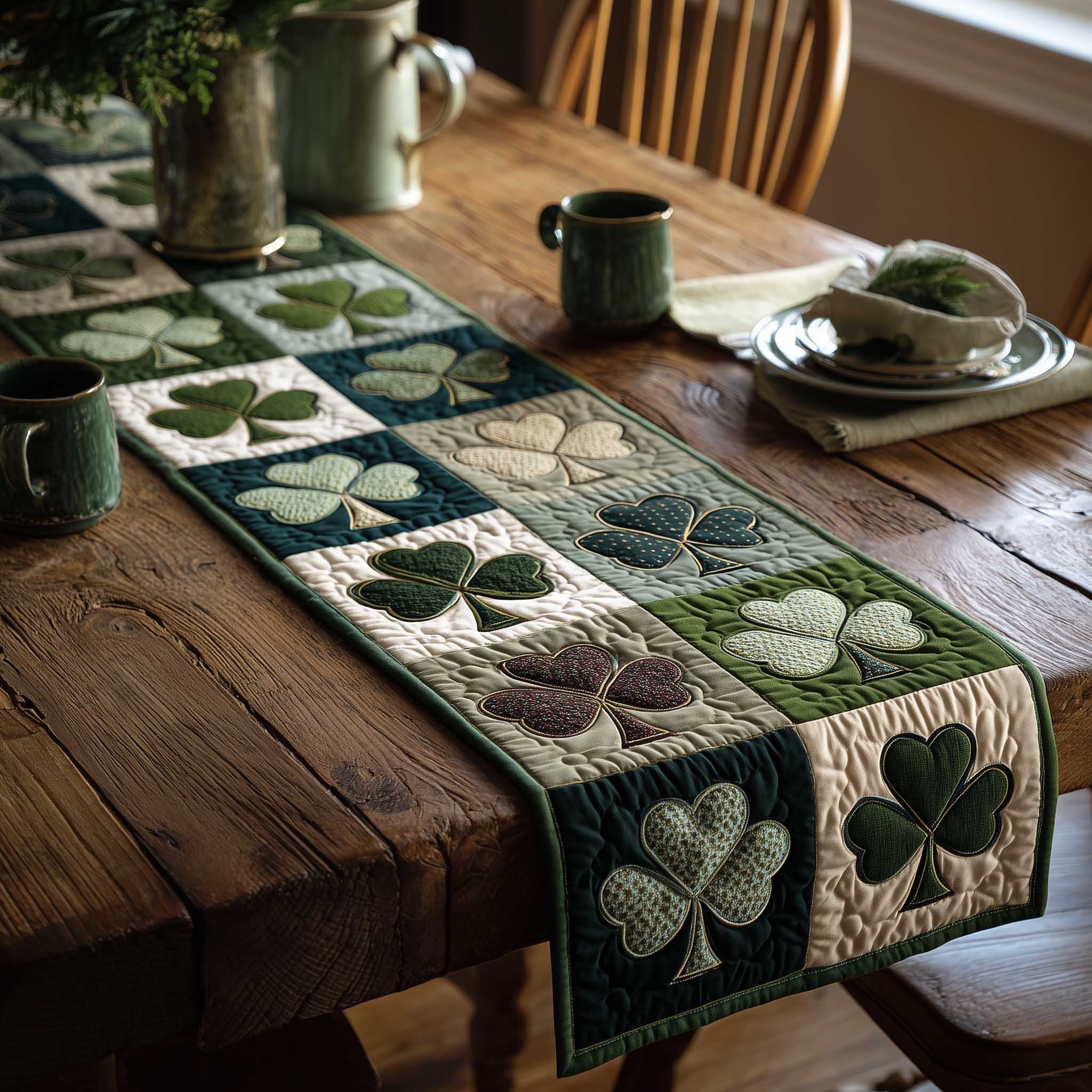Shamrocks on Cream and Green Squares Table Runner