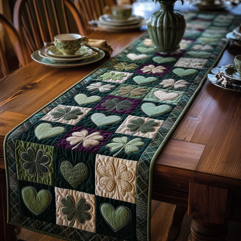 Shamrocks and Hearts on Dark Green Table Runner