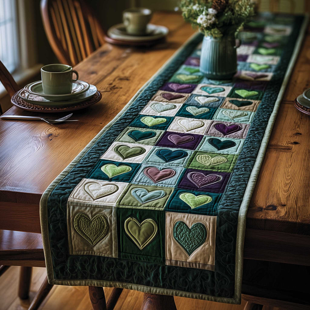 Hearts in Green Quilt Blocks Table Runner