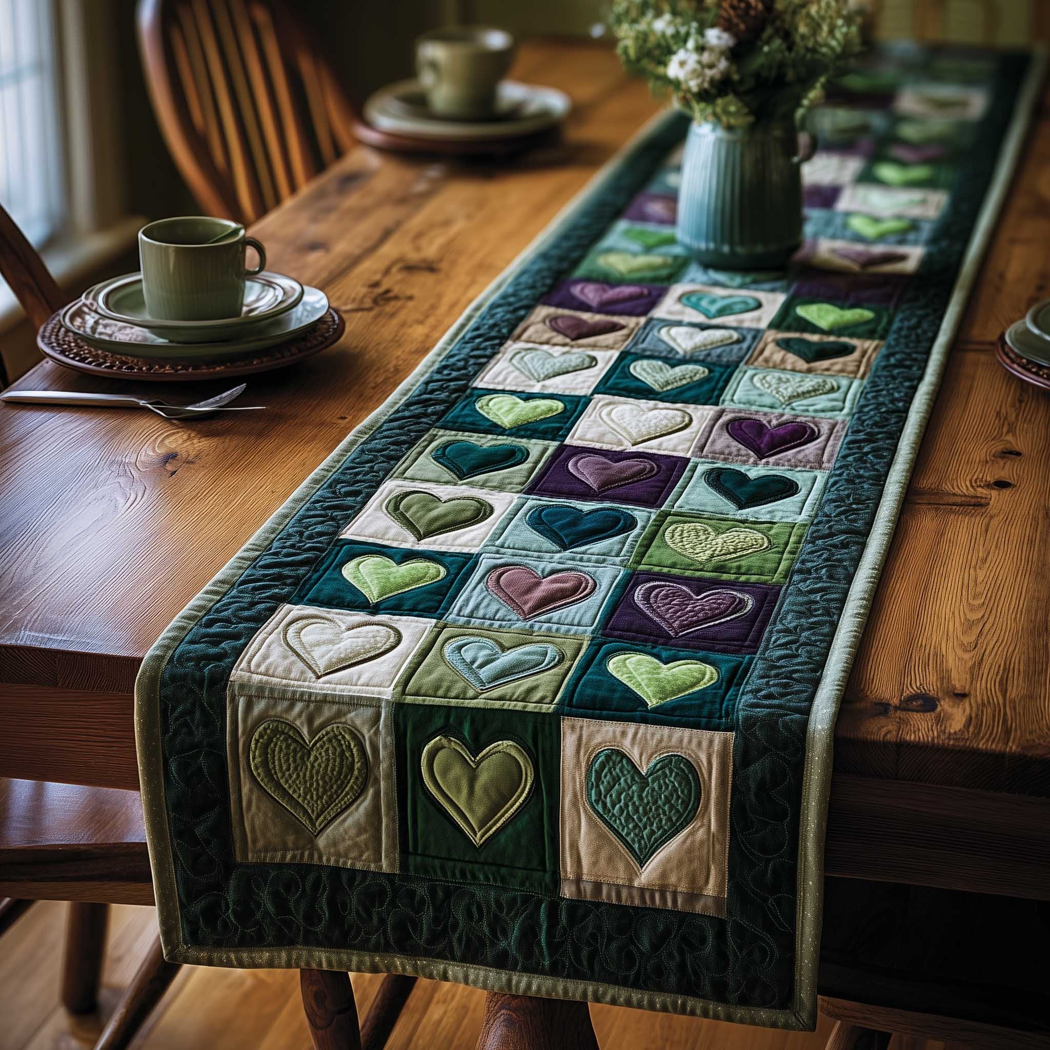 Hearts in Green Quilt Blocks Table Runner