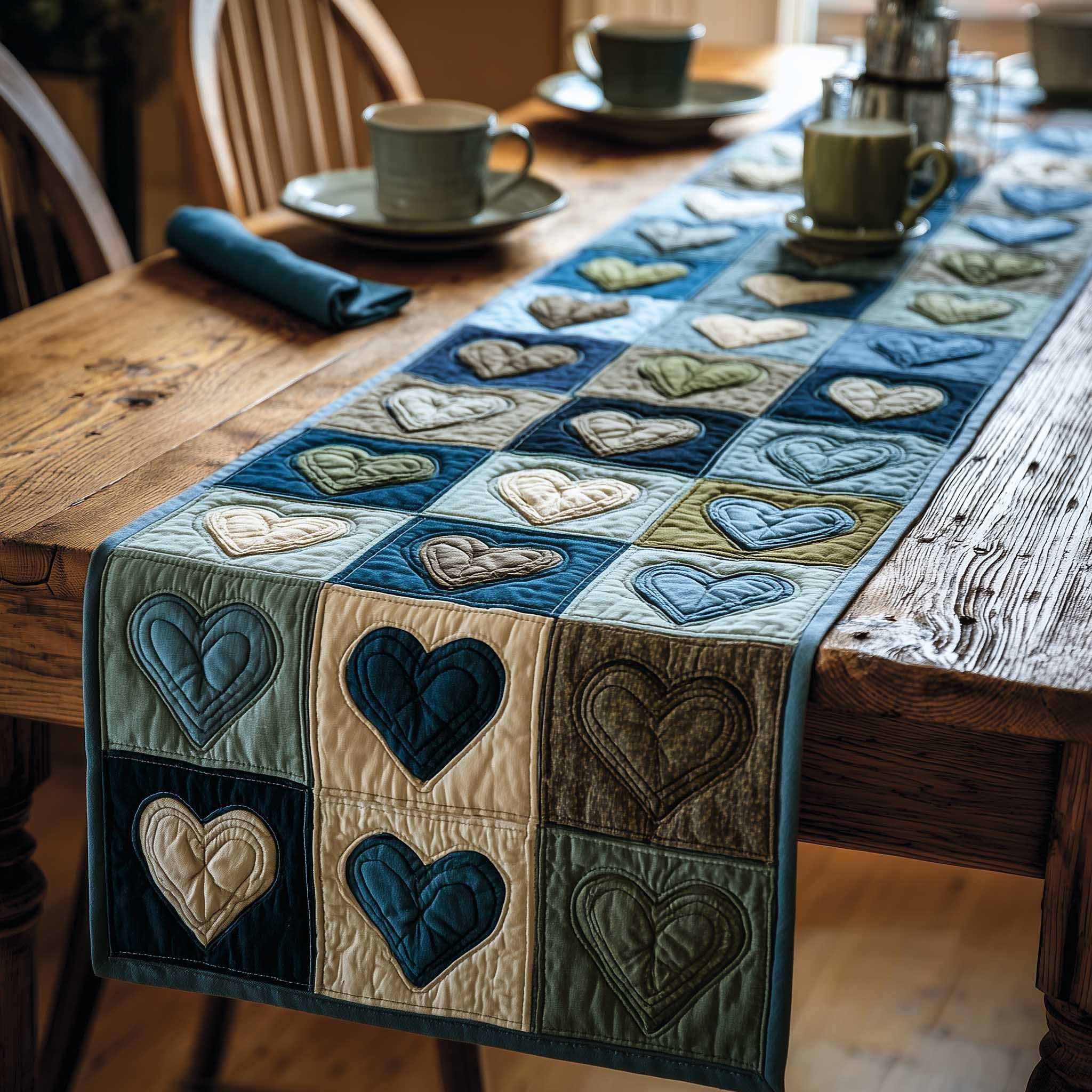 Hearts in Blue and Teal Blocks Table Runner