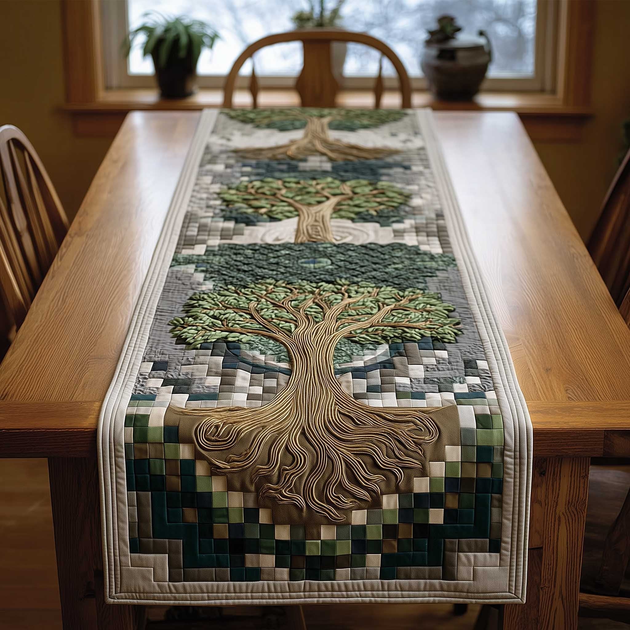 Tree on Green Pixel Patchwork Table Runner