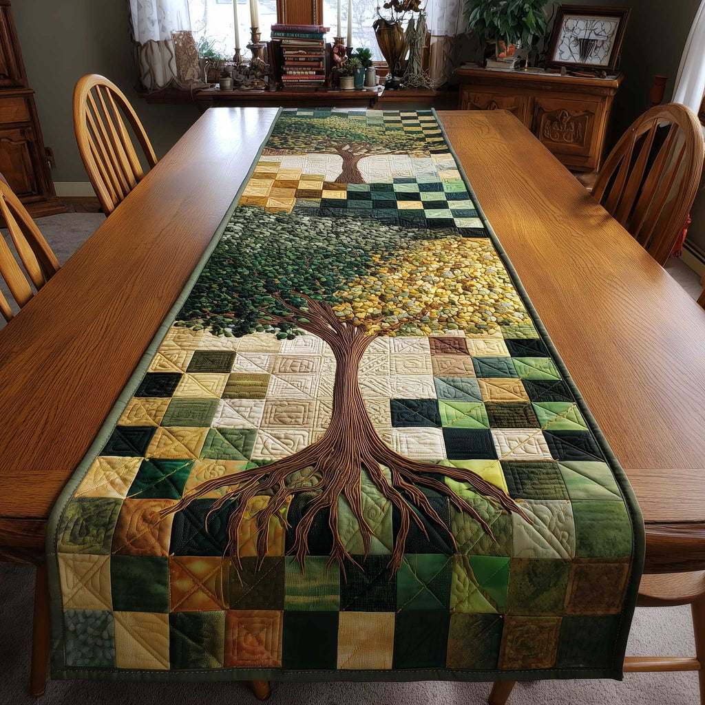 Tree on Green Checkerboard Table Runner