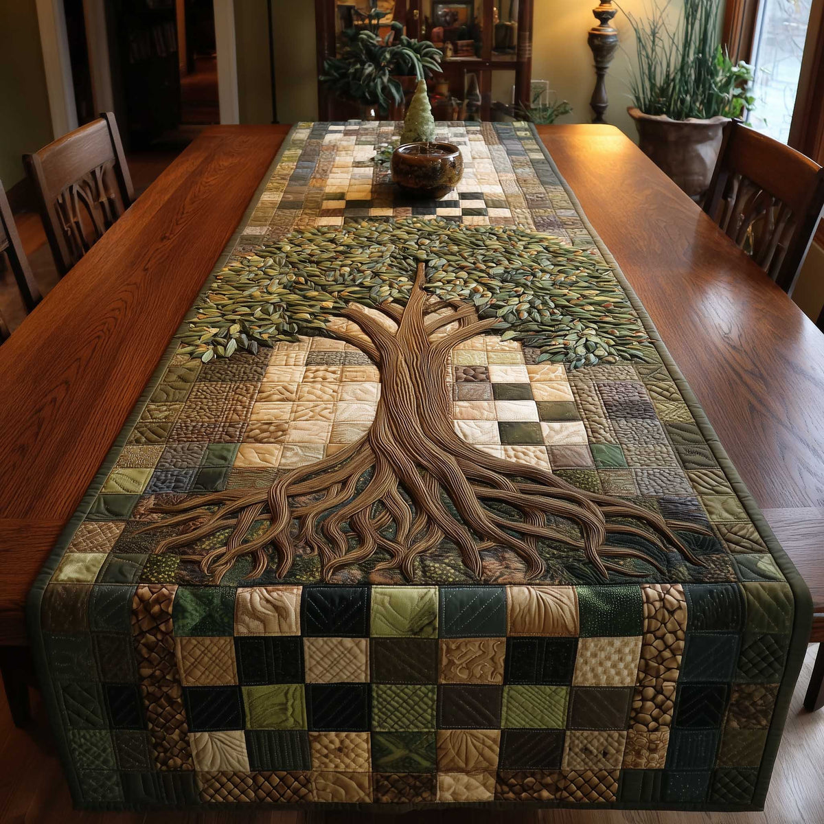 Tree of Life on Green Checks Table Runner