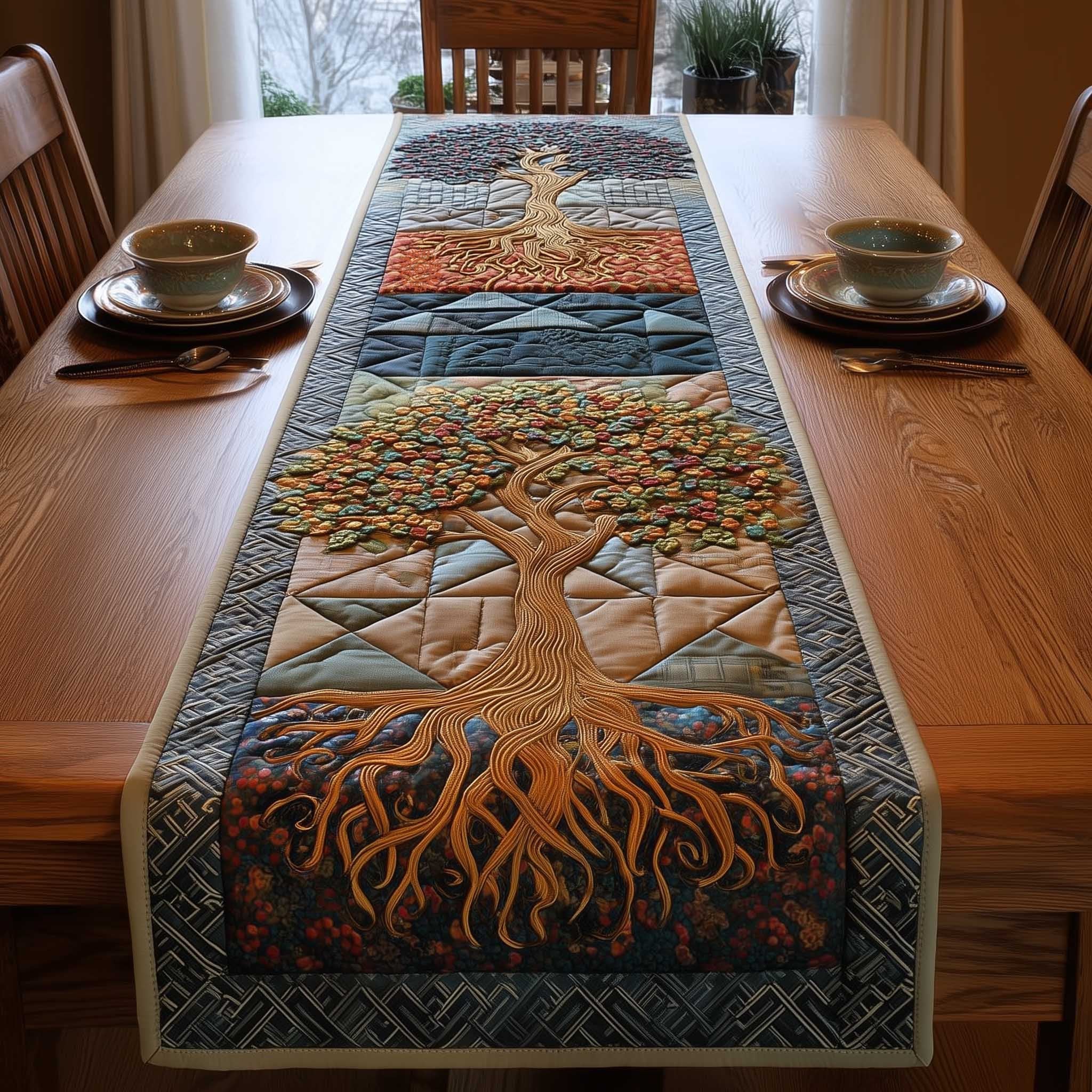 Copper Tree of Life on Grey Table Runner