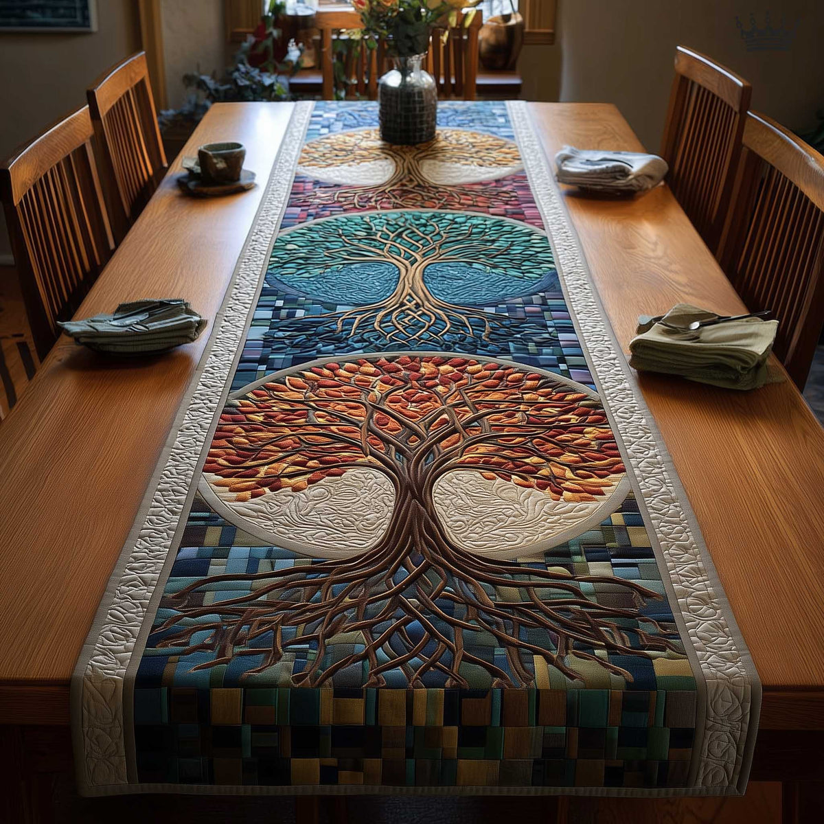 Mosaic Tree of Life in Teal Table Runner
